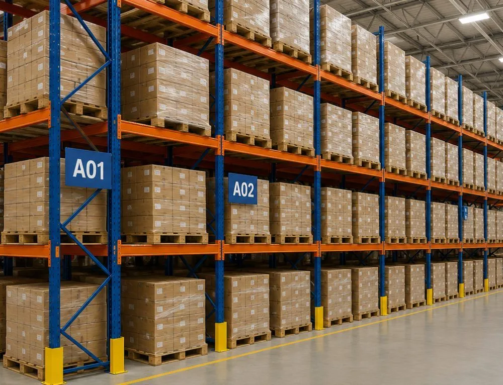 Warehouse pallet racking and organized inventory